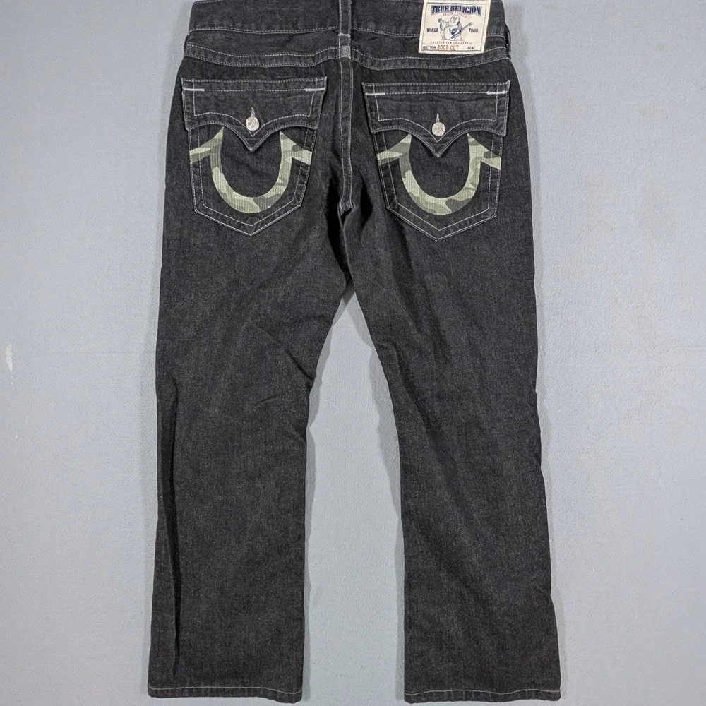 True Religion Boot Cut Jeans Mens 34 Black Camo Horseshoe Logo Made in USA